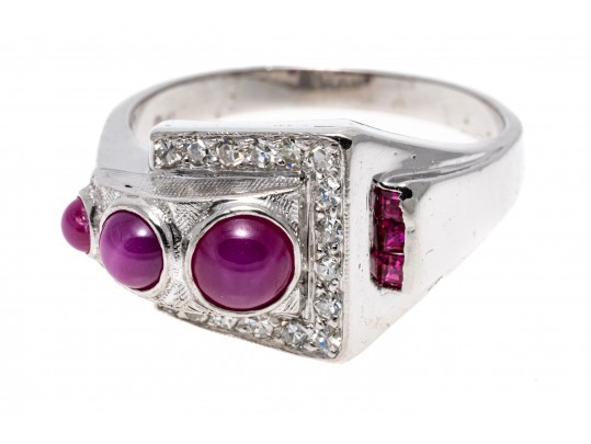 Artistic Platinum Synthetic Ruby And Star Ruby With Diamond Ring, Size 10.5