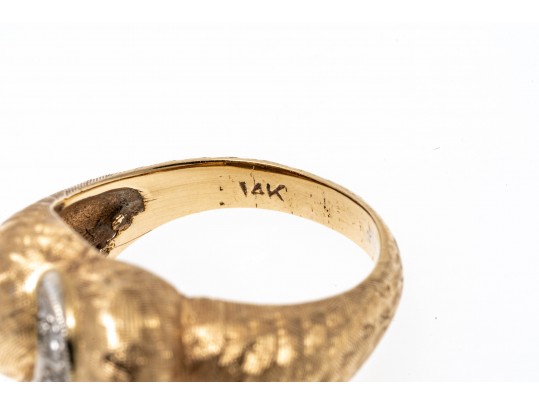 14k Yellow Gold Vintage Diamond Swirl Dome Ring, Florentine Finished, Size 6.75