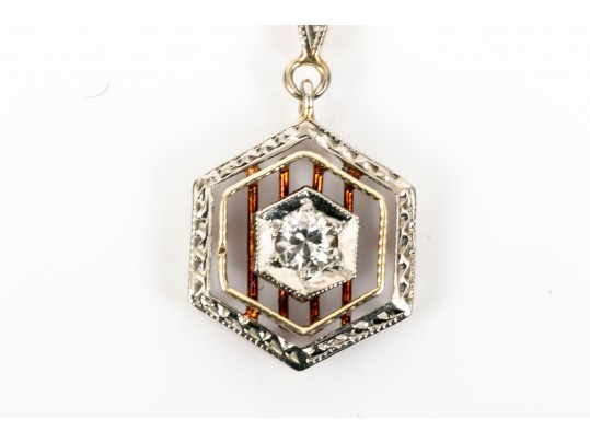 14K White Gold Vintage Style Diamond Drop Pendant Necklace