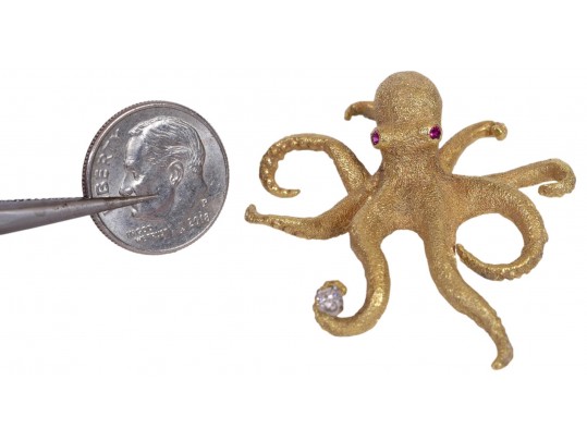 Playful 18k Yellow Gold Diamond Ruby Eyed Octopus Brooch