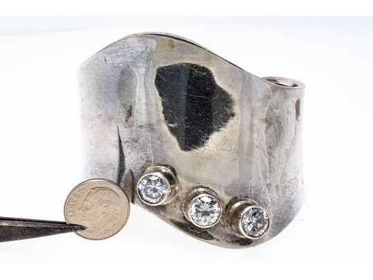 Sterling Silver Striking Ultra Wide Contemporary Swirl Cuff Bracelet, Set With CZ Stones