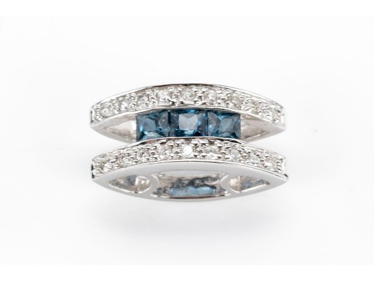 Unique 14K White Gold Diamond And Sapphire Lozenge Shaped Pendant