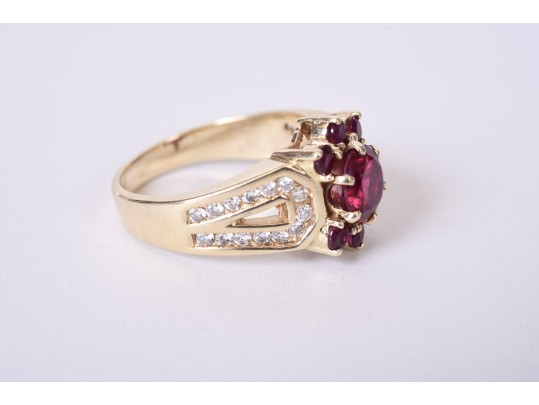 14K Yellow Gold Synthetic Ruby And Diamond Ring, Size 7.75 *UPDATED*