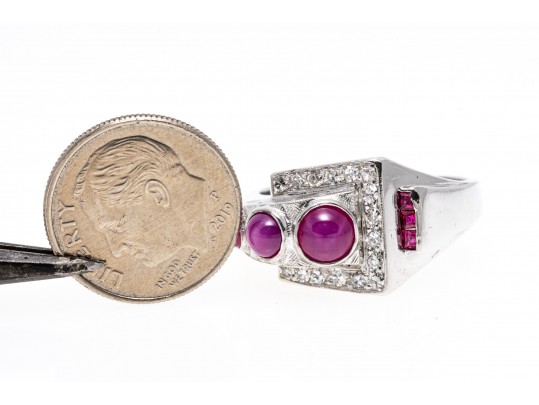 Artistic Platinum Synthetic Ruby And Star Ruby With Diamond Ring, Size 10.5