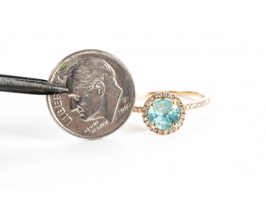 10K Blue Glass And Diamond Halo Ring, Size 6.75-