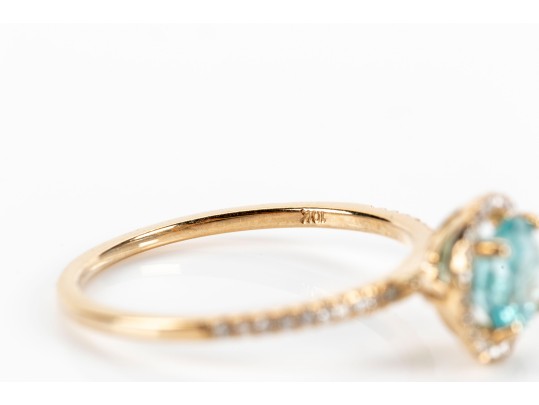 10K Blue Glass And Diamond Halo Ring, Size 6.75-