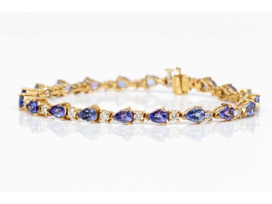 18K Alternating Pear Tanzanite And Round Diamond Line Bracelet