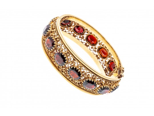 14kyg Spectacular Subari Brothers Vintage Wide Filigree Garnet Bangle Bracelet