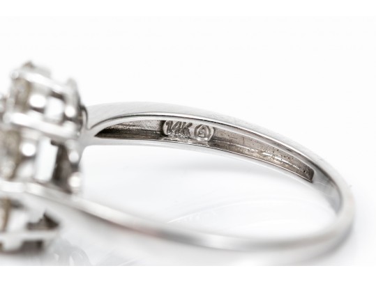 14K White Gold Radiant Princess And Round Brilliant Cut Diamond Cluster Ring, Size 7.25