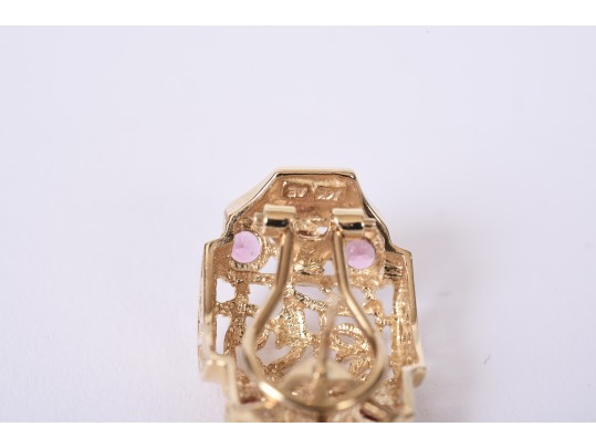 14K Yellow Gold Pink Tourmaline Filigree Earrings And Matching Pendant