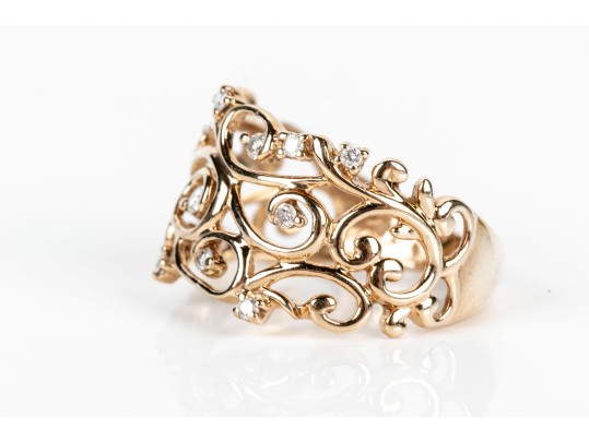 Stunning 10K Open Scrollwork And Diamond Ring, Size 7.5