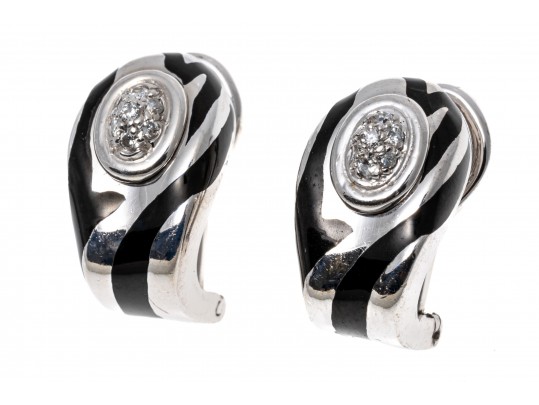 18k White Gold Stunning Black Enamel And Pave Diamond Half Hoop Earrings