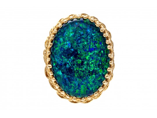 14k Yellow Gold Stunning Blue Green Opal Doublet Ring, Size 5.5