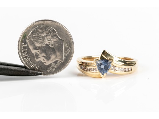 Modern 14K Triangular Tanzanite And Diamond Ring, Size 6.25