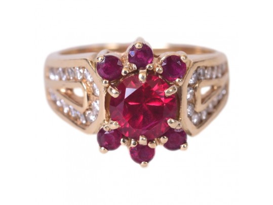 14K Yellow Gold Synthetic Ruby And Diamond Ring, Size 7.75 *UPDATED*