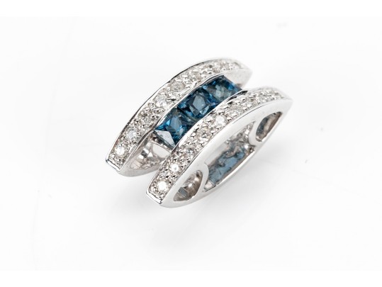 Unique 14K White Gold Diamond And Sapphire Lozenge Shaped Pendant