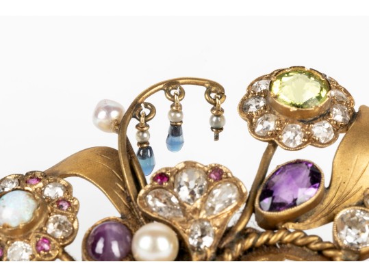 Pretty Antique 14k Yellow Gold Diamond And Gemstone Basket And Flower Motif Brooch