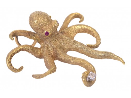 Playful 18k Yellow Gold Diamond Ruby Eyed Octopus Brooch