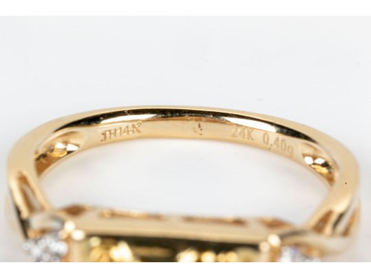 14K And Diamond Ring With 24K Textured Image, Size 7