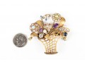 Pretty Antique 14k Yellow Gold Diamond And Gemstone Basket And Flower Motif Brooch