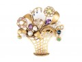 Pretty Antique 14k Yellow Gold Diamond And Gemstone Basket And Flower Motif Brooch