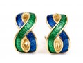 Vibrant Blue And Green Enamel 18K Earrings 
