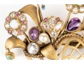 Pretty Antique 14k Yellow Gold Diamond And Gemstone Basket And Flower Motif Brooch