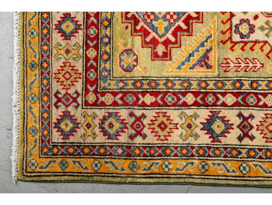 Kazak Wool Scatter Rug In Green, Yellow, And Red (4'8