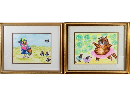 Liuba Fehl (American [SC], B. 1962) Acrylic On Paper Paintings Of Fun Animals