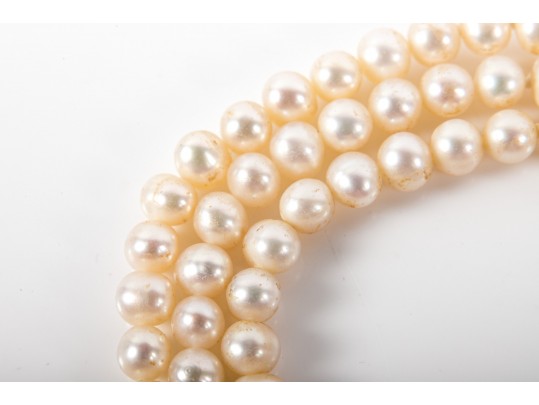 Three-Strand Cultured White Pearl Necklace With A 14k Yellow Gold Clasp