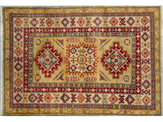 Kazak Wool Scatter Rug In Green, Yellow, And Red (4'8