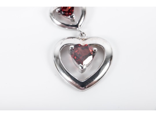 Pretty Sterling Silver And Garnet Heart Dangle Earrings