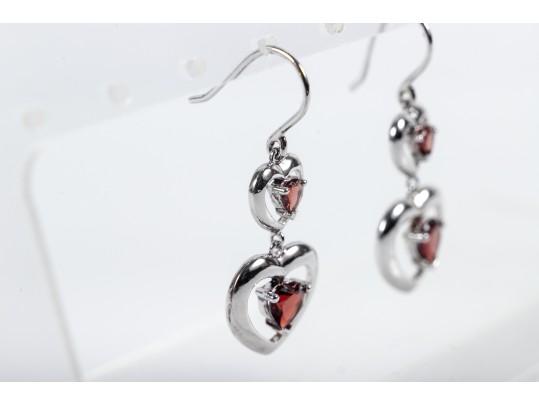 Pretty Sterling Silver And Garnet Heart Dangle Earrings