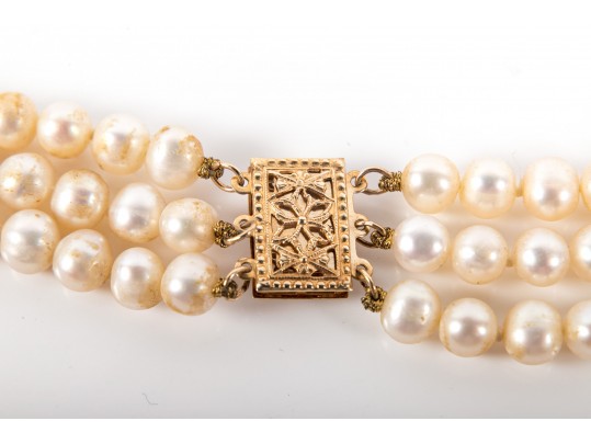 Three-Strand Cultured White Pearl Necklace With A 14k Yellow Gold Clasp