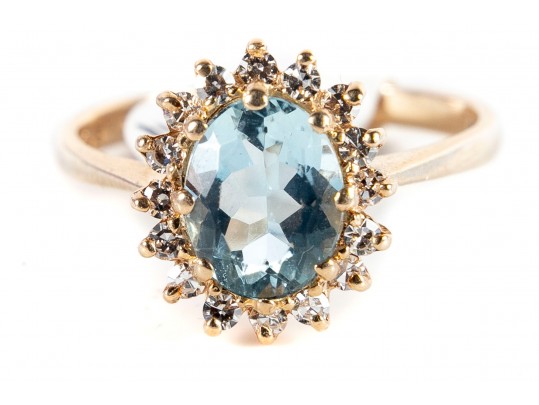14k Yellow Gold Aquamarine And Moissanite Ring Size 8.75