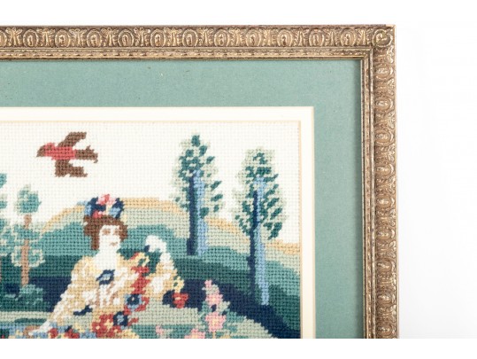 Needlepoint Embroidery Of A Woman Enjoying Nature Outside Her Home