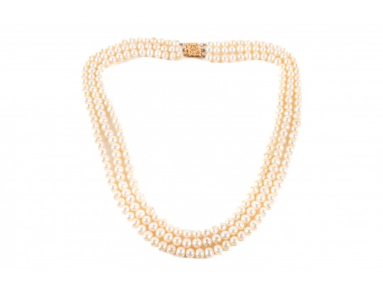 Three-Strand Cultured White Pearl Necklace With A 14k Yellow Gold Clasp