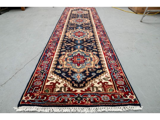 Serapi Wool Runner Rug In Red, Blue, And Cream (10’2” X 2’8”) NEW