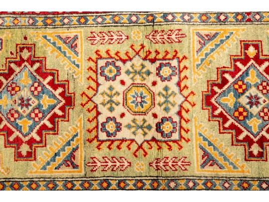 Kazak Wool Scatter Rug In Green, Yellow, And Red (4'8