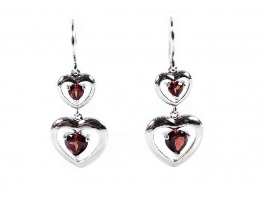 Pretty Sterling Silver And Garnet Heart Dangle Earrings