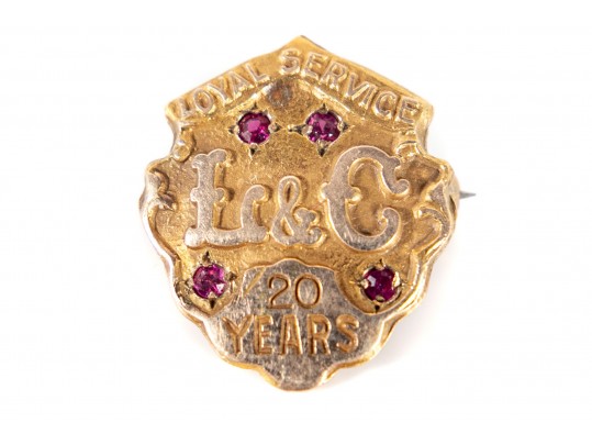 10k Yellow Gold Sapphire Brooch, 20 Years Loyal Service