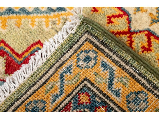 Kazak Wool Scatter Rug In Green, Yellow, And Red (4'8