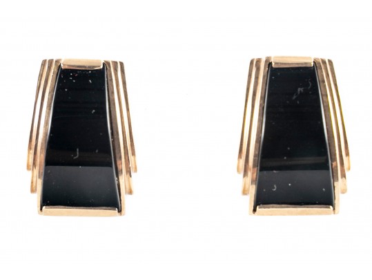 14k Yellow Gold Onyx Art Deco Earrings