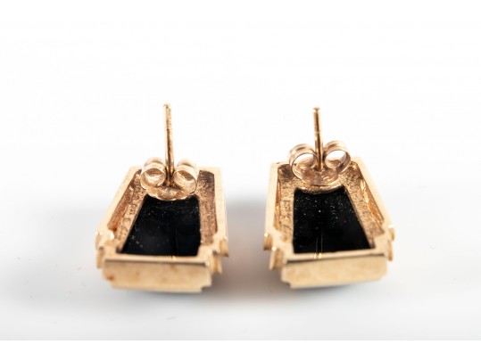 14k Yellow Gold Onyx Art Deco Earrings