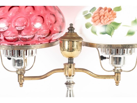 Cranberry And Milk Glass Electric Student Lamp