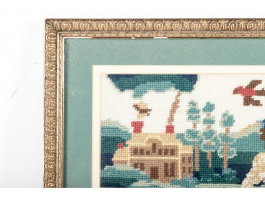 Needlepoint Embroidery Of A Woman Enjoying Nature Outside Her Home