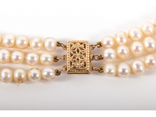 Three-Strand Cultured White Pearl Necklace With A 14k Yellow Gold Clasp