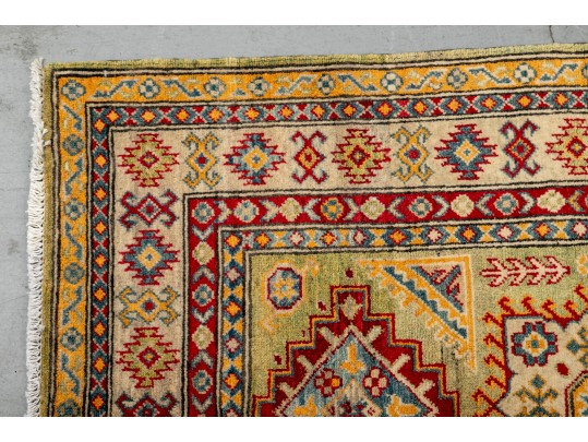 Kazak Wool Scatter Rug In Green, Yellow, And Red (4'8
