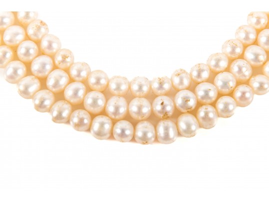 Three-Strand Cultured White Pearl Necklace With A 14k Yellow Gold Clasp