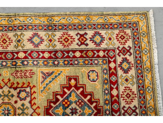 Kazak Wool Scatter Rug In Green, Yellow, And Red (4'8